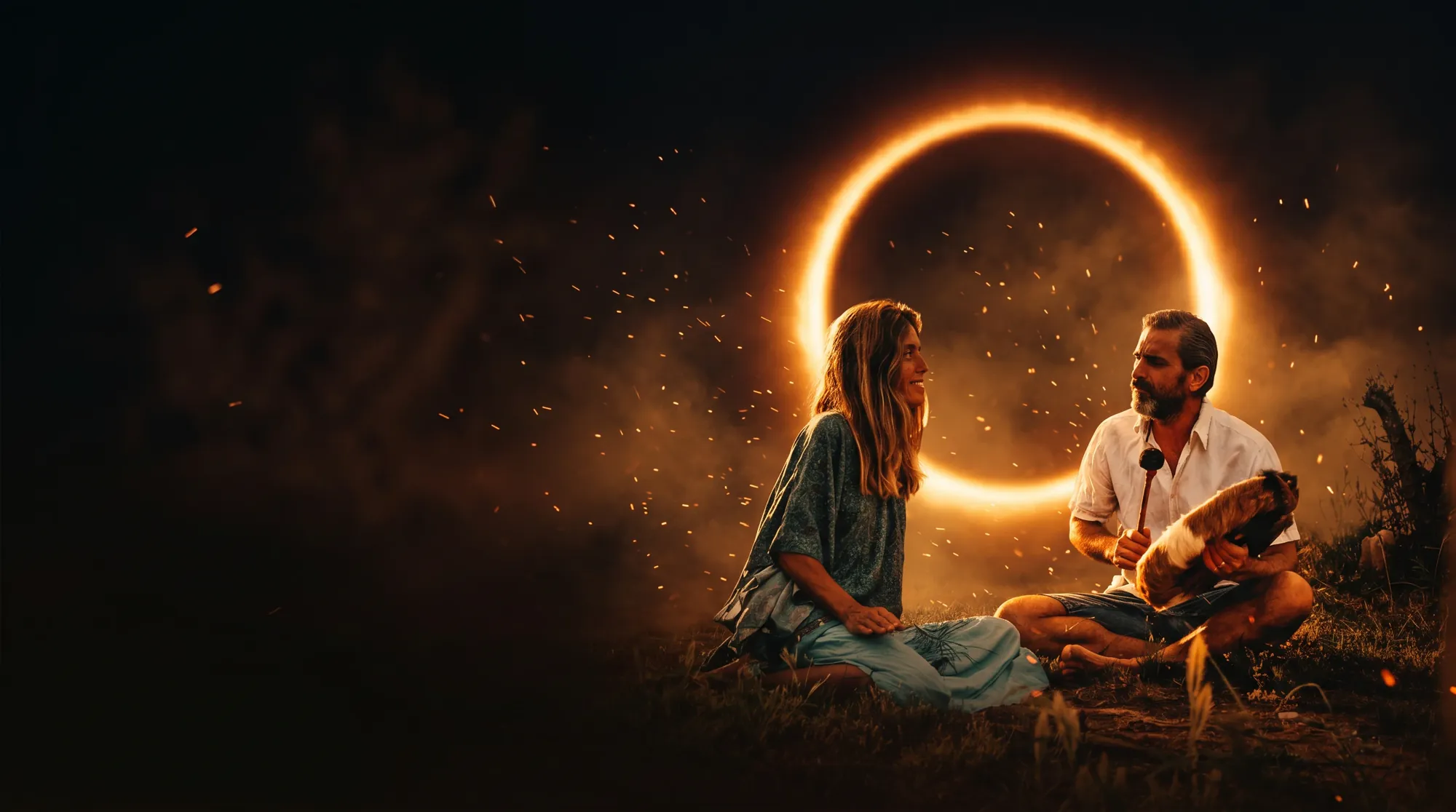 Julio y Nuria en el círculo de fuego de la Rueda del Recuerdo
