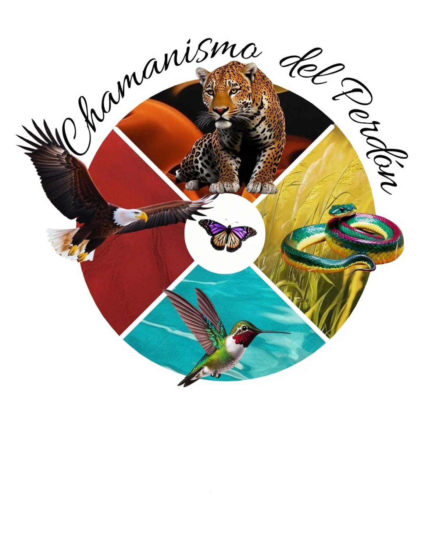 La rueda del Chamanismo del Perdón: águila, jaguar, serpiente, colibrí y mariposa en el centro